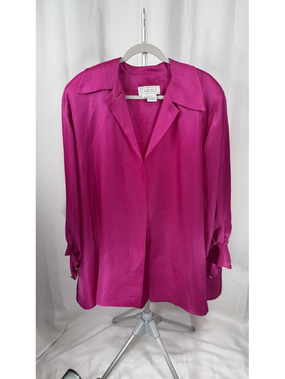 Carlisle Womens M 100 Silk Magenta Pink Blouse Jeweled Buttons Vintage
